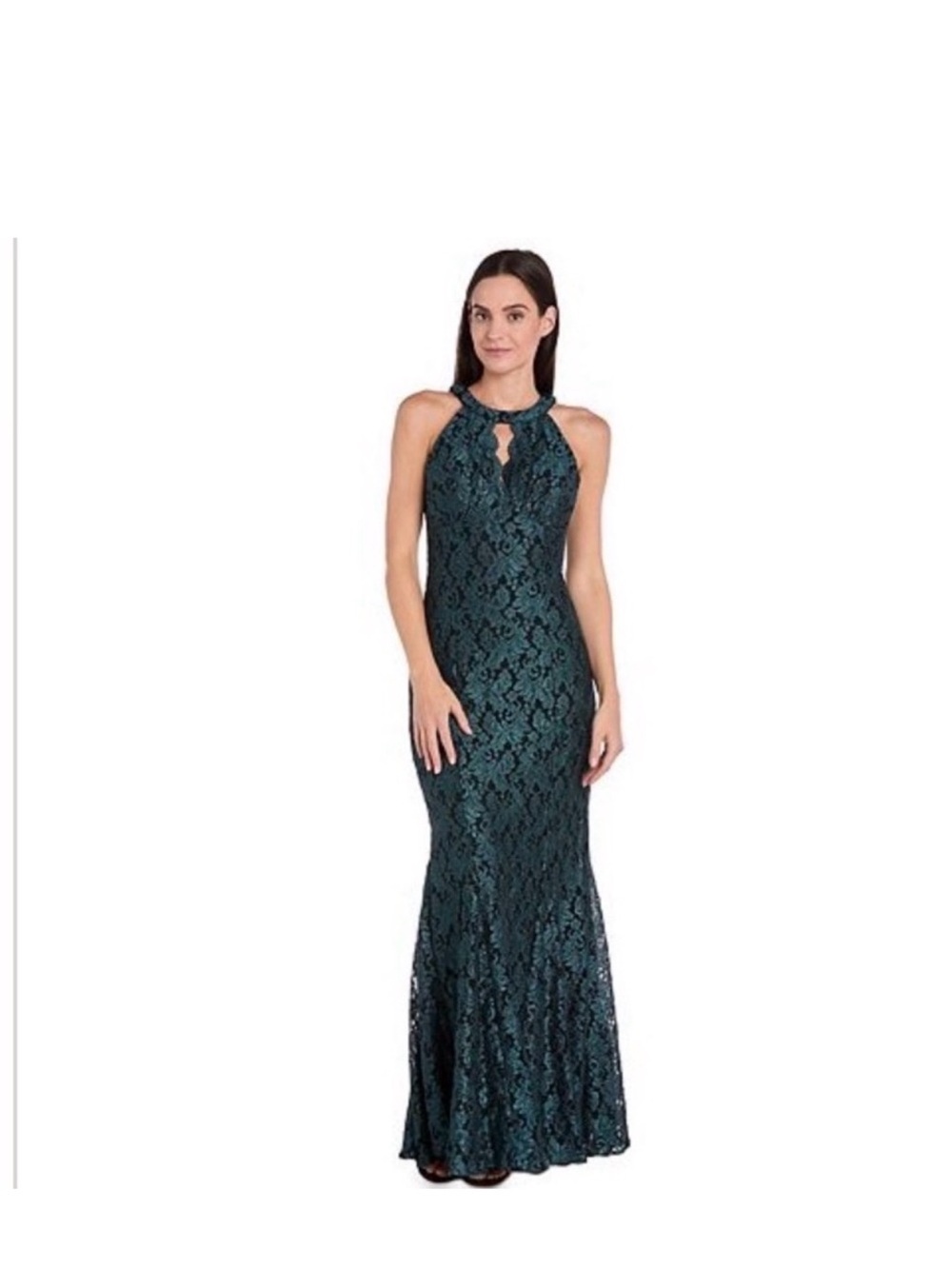R & M Richards Teal Lace Halter Maxi Gown